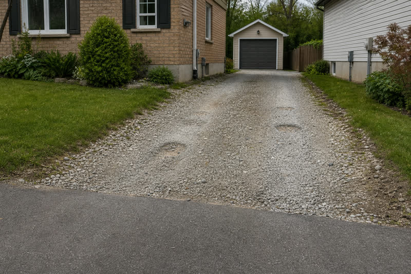Illustrative Milton gravel driveway with shallow ruts, low spots, and displaced aggregate