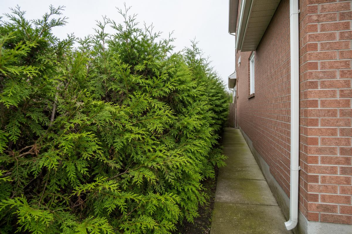 Overgrown hedge narrowing a side path before pruning