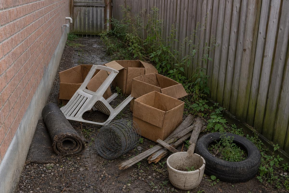 Side yard before discarded boxes, timber, a tire and other material were removed