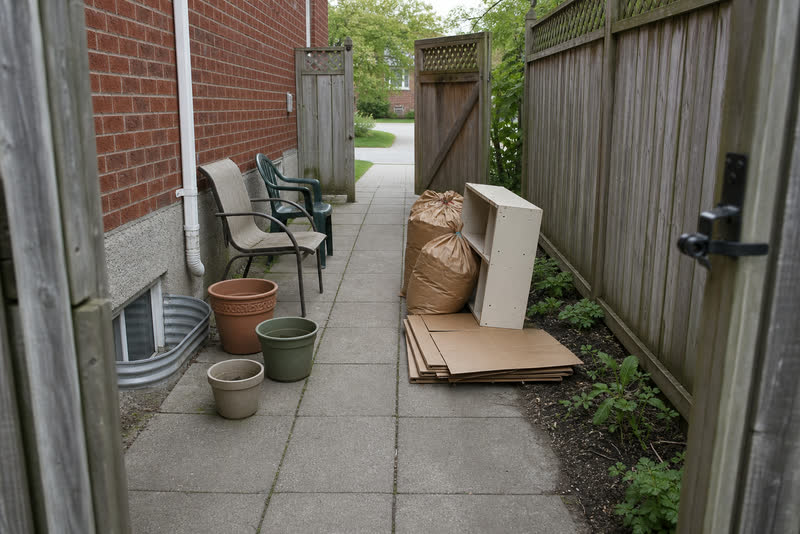 Illustrative Burlington side yard with visible non-hazardous household and yard clutter